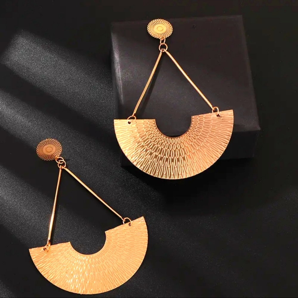 Gold Fan Statement Earrings Large Bohemian Ethnic Drop Style